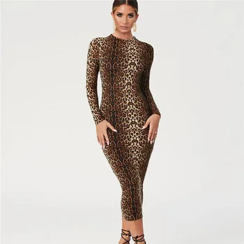 Meqeiss 2020 nye efteråret leopard print langærmet slank sexet bodycon kjole vinteren kvinder streetwear party festival outfits kjoler