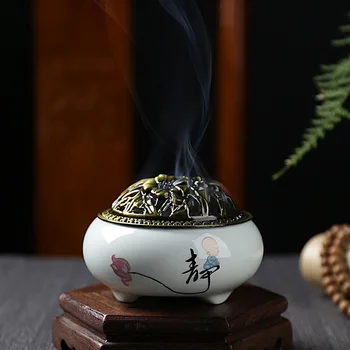 Metal Blomst Udskæring Røgelse Brænder Indehaveren Keramiske Buddhismen Hjem Pande Røg