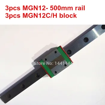 MGN12 Miniature lineær jernbane:3stk MGN12 - 500mm jernbane+3stk MGN12C/MGN12H befordring for X Y Z axies 3d-printer dele