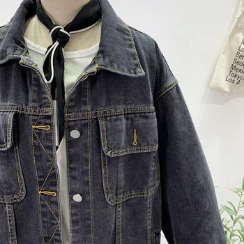 Mid-længde Vintage Black Denim Jakke Løs Oversize Kvinder Frakke Foråret 2021 Lange ærmer Stor lomme Casual Harajuku Jeans Jakke