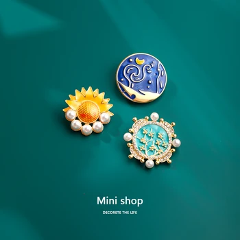 MISSRU retro olie maleri, abrikos blomst, stjerne og måne solsikke, legering pearl broche, klassiske smykker, dekoration