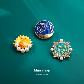 MISSRU retro olie maleri, abrikos blomst, stjerne og måne solsikke, legering pearl broche, klassiske smykker, dekoration
