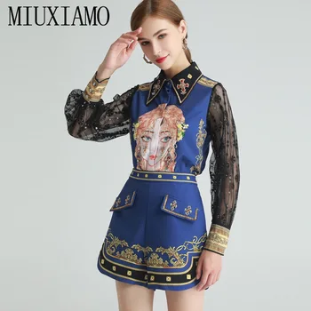 MIUXIMAO 2021 Forår Sommer med Lange Ærmer Lace Skønhed Trykt Stilfuld Skjorte, Bukser mørkeblå Passer til Kvinder To Peice Sæt