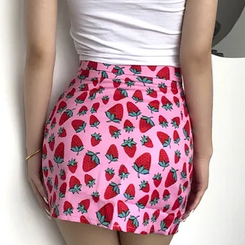 Mode 2021 Mini Nederdel Jordbær Boho Nederdel Dame Høj Taljen Kort Slids Kawaii Nederdele Dame Pink Nederdel En Line Nederdele#F30