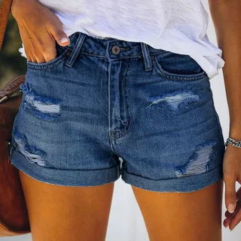 Mode Denim shorts Dame Lomme Solid Jeans Hotpants Kvindelige Høj Talje revet Hul i Bunden strække Kvindelige Casual Shorts #40