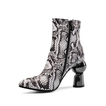 Mode Europæiske Snake Skin Støvler Mærkelige Stil Hæl Spidse Tå Lynlås Kvinder Sko Rund Tå Print Korte Kontor Støvler Damer