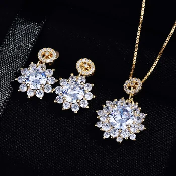 Mode Guld Smykker Sæt Udsøgt Snowflake Halskæde Skinnende Cubic Zirconia Unikke Øreringe Til Kvinder Bryllup Engagement