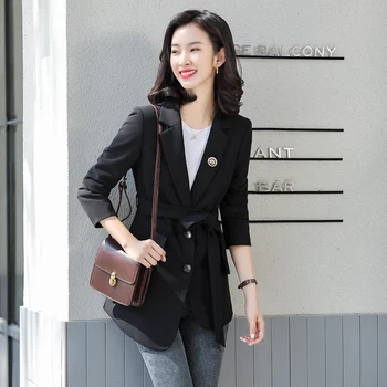 Mode Koreansk Design Enkelt Breasted Blazer Damer Kvinder Khaki Black Foråret, Efteråret Pels Seneste Jakke Med Bælterem