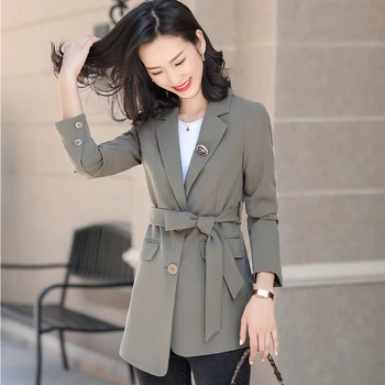 Mode Koreansk Design Enkelt Breasted Blazer Damer Kvinder Khaki Black Foråret, Efteråret Pels Seneste Jakke Med Bælterem