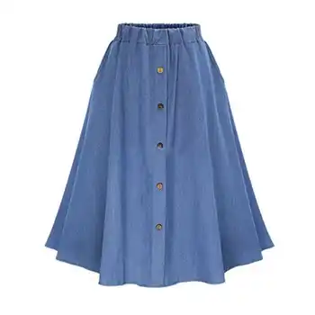 Mode Koreanske Preppy Stil Denim Nederdele Til Kvinder Solid Farve Lange Nederdel Natur Talje Kvindelige Store Hem Casual-Knappen Jean Nederdel