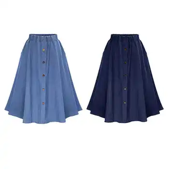 Mode Koreanske Preppy Stil Denim Nederdele Til Kvinder Solid Farve Lange Nederdel Natur Talje Kvindelige Store Hem Casual-Knappen Jean Nederdel