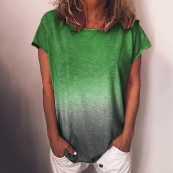 Mode Kvindelige Sommeren Afslappet Solid Toppe Gradient Farve Print Harpiks Fiksering Kort Tunika Bluse