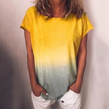 Mode Kvindelige Sommeren Afslappet Solid Toppe Gradient Farve Print Harpiks Fiksering Kort Tunika Bluse