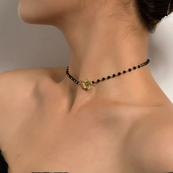 Mode Luksus Sort Krystal Glas Perle Kæde Choker Halskæde Til Kvinder, Flower Lariat Lås Krave Halskæde Smykker Part Charme