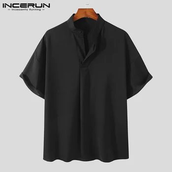 Mode Mænd-Shirt Mærke 2021 ensfarvet, kortærmet Sommer Camisa Masculina Stå Krave Casual Streetwear koreanske Toppe INCERUN