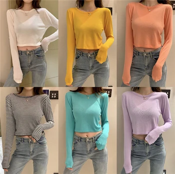 Mode Sweater Kvinder 2021 Høj taljen Kort-slank Slankekur Slankende Tynd Strik Toppe Grundlæggende Bunden Shirt til Kvinder Toppe
