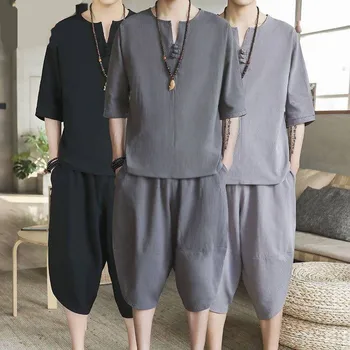 Mode Sæt Sengetøj Kort 2021 Sommeren Herre Bomuld Shorts Suit Sæt Mandlige Streetwear Kinesisk Stil 2 Delt Sæt Med V-Hals