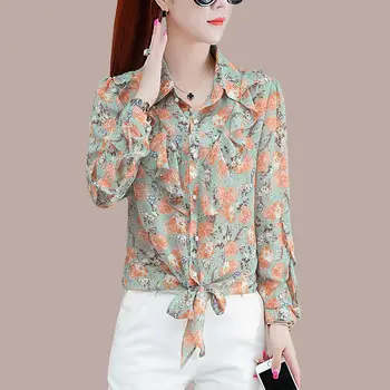 Mode udskrivning lange ærmer Chiffon tee Kvinder koreanske elegante Flæser, blonder-up slank toppe Sommeren Afslappet Leopard Print T-shirt