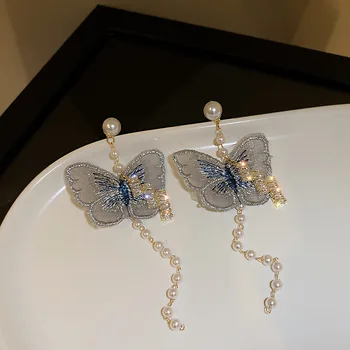 Mode Vintage Pink Butterfly Crystal Drop Øreringe Til Kvinder Pearl Kvaster Lang Eardrop Temperament Bryllup Brude Smykker