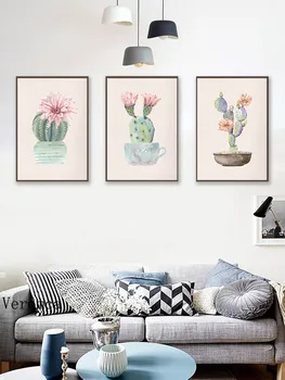 Moderne Minimalistisk Små, Friske Akvarel Potteplante Cactus Flower Lærred Maleri På Væggen Plakat Grøn Plante Billede Med Hjem Indretning