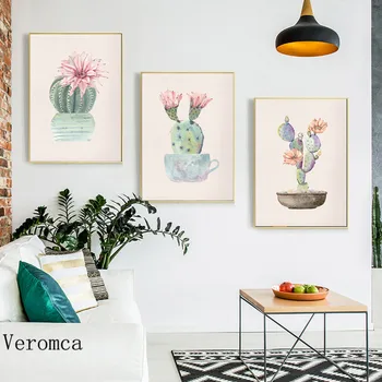 Moderne Minimalistisk Små, Friske Akvarel Potteplante Cactus Flower Lærred Maleri På Væggen Plakat Grøn Plante Billede Med Hjem Indretning