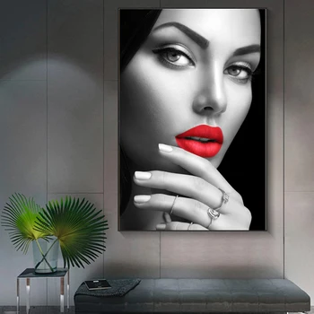 Moderne Sexede Røde Læbe Kvinder Lærred Maleri Figur Plakater og Prints i Sort og Hvid Væg Kunst Billeder til stuen Home Decor