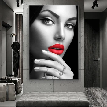 Moderne Sexede Røde Læbe Kvinder Lærred Maleri Figur Plakater og Prints i Sort og Hvid Væg Kunst Billeder til stuen Home Decor