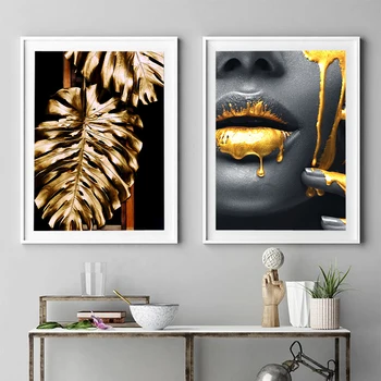 Moderne Stil, Sexet Kvinde med Golden Læber Blad Lærred Maleri Mode Plakater Og Prints Væg Billeder For at Stue Indretning