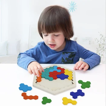 Montessori Honeycomb Form Tangram Træ-Sekskant Puslespil Toy Farverige Puzzle-Table Spil Legesæt Småbørn Logik IQ Uddannelse Legetøj