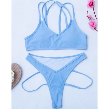Mossha 2021 Sport bandeau bikini sæt, Push up bikini Solid ribbede badetøj kvindelige Hule ud badedragt kvinder High cut badetøj