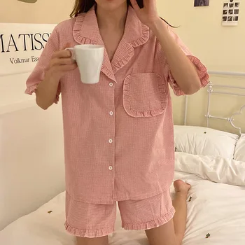 Mujer Sommeren Sød Kontrolleret Pyjamas Sæt Koreanske Revers Piger Plaid Hjem, Der Passer Shirts+Shorts Casual Bomuld Nattøj Lomme Tynd