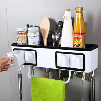 Multifunktionelle Køkken Rack vægmonteret Punch-gratis Opbevaring Boks Knivholder Vedhæng Køkkengrej Leverer Plast Krydderier