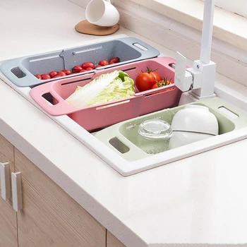 Multifunktionelle vask udtrækkelig rektangulære afløb kurv køkken frugt og grønt vask kurv køkken forsyninger