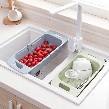 Multifunktionelle vask udtrækkelig rektangulære afløb kurv køkken frugt og grønt vask kurv køkken forsyninger