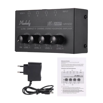 Muslady HA400 Ultra-kompakt 4 Kanaler Mini Audio Stereo Hovedtelefon-Forstærker med Power Adapter til studie-og scene-anvendelse