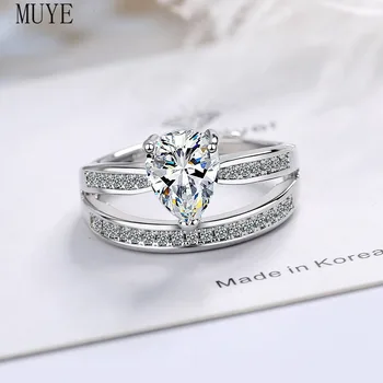 MUYE Ægte 925 Sterling Sølv Skinnende Krystal Zircon Justerbar Ring for Kvinders Fine Mode Engagement Bryllup Smykker JZ384