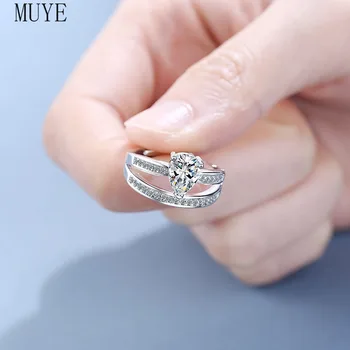 MUYE Ægte 925 Sterling Sølv Skinnende Krystal Zircon Justerbar Ring for Kvinders Fine Mode Engagement Bryllup Smykker JZ384