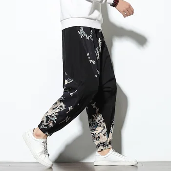 Mænd Japansk Stil Bukser Samurai Patchwork Vintage Mænd Bukser Plus Size Lejligheder Yukata Kimonoer Linned Løs Streetwear Mode
