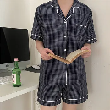 Mænd, Pyjamas Sæt Mode Nattøj Par Plaid Kort Ærme Passer Til Afslappede To-Delt Pyjamas Femme Sommeren Elastisk Homewear Kvinder