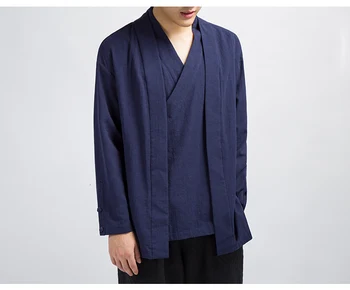 Mænd Tøj 2020 Herre Bomuld Og Linned Solid Kausale Sort Kimono Jakke Mandlige Koreansk Stil Windbreaker