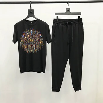 Mænds Jakkesæt Nye Sommer T-Shirt Hot Diamond Black Sportstøj Bomuld Sweatshirt Og Bukser, 2-delt Super Stor Størrelse
