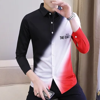 Mænds Kontrast Shirts, Casual Slim Fit langærmet shirt til Mænd 2021 Nye koreanske Brev Print Bluse Homme Høj Kvalitet Tøj