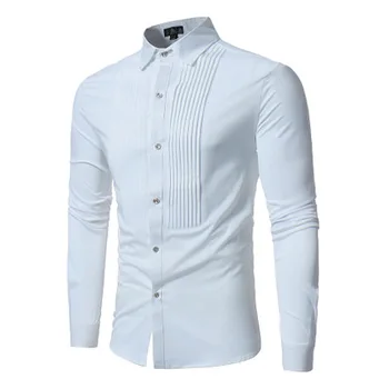Mænds Shirt Langærmet Bomuld Blandet Enkelt Breasted Turn Down Krave Solid Farve Foran Plisseret Design-Shirt Fit herreskjorter