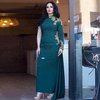 Mørk Grøn Høj Hals Ankel-Længde Muslimske Aften Kjole Lange Ærmer Pynt Blonder Dubai Saudi-Arabisk Aften, Fest Kjoler