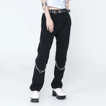 Mørke Ikonet Khaki Denim Bukser Kvinder Kæde på Knæ High Street Kvinde Jeans