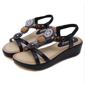 Nationale style sommer sandaler kvinder Fritids-boheme modetøj blomster rhinestone Platform fastkile stranden sko sandaler kvinder hy594