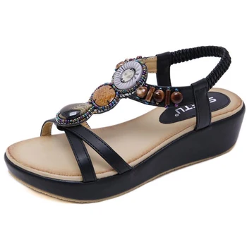 Nationale style sommer sandaler kvinder Fritids-boheme modetøj blomster rhinestone Platform fastkile stranden sko sandaler kvinder hy594