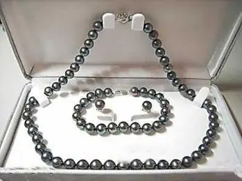 >>>>>Naturlig 7-8mm sort perle halskæde & armbånd & øreringe sæt
