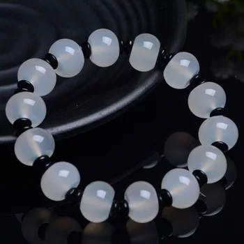 Naturlig hvid agat handcarved runde perler armbånd perler for par, kvinde, mænd, perler armbånd med jade armbånd