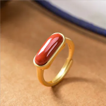 Naturlige Syd Rød Agat Ring S925 Sterling Sølv med Jade Justerbar Ring Simple Mode Klassiske Gave Ornament for Kvinder